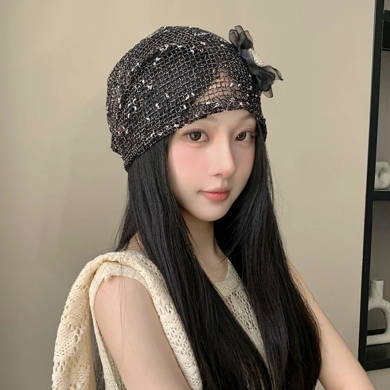 Korean Version Niche Hollow Pearl Flower Mixed Color Pullover Hat Womens Summer Y2k Trend Breathable Skull Beanie Cap Gorras 250730