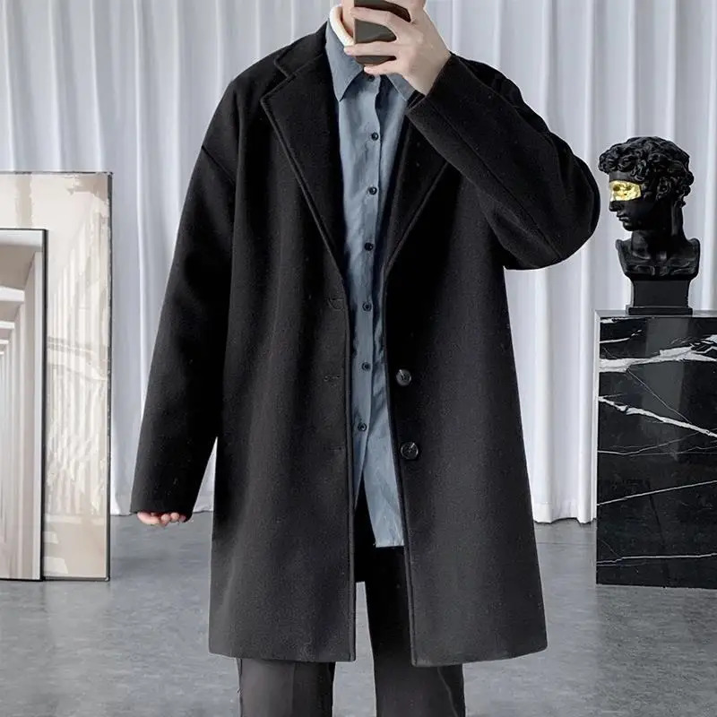 Fashion Mens woolen Coats Solid Color Single Breasted Lapel Long Coat Jacket Casual Overcoat Trench Spring and Autumn 250729