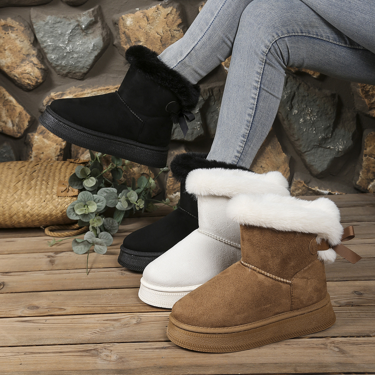 free shipping designer Thick-soled furry mouth bow knot warm large-sized fleece thickened snow boots with exquisite patterns a8