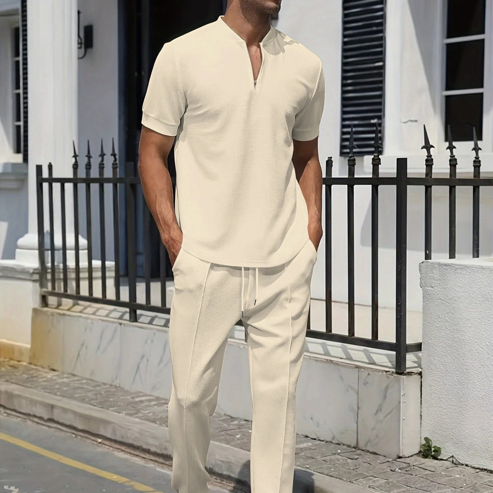 Mens Summer Suit Waffle Fabric ShortSleeved Top Jacquard Polo Shirt Drawstring Trousers 2Piece Set Mens leisure suit 250724