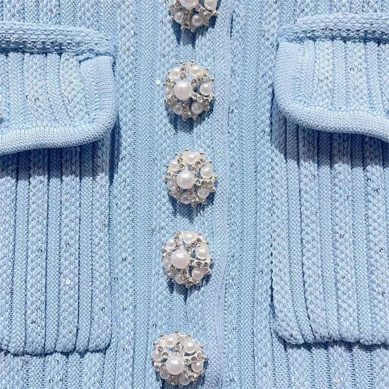 Spring Arrive Knitted Women Sequins Mini Dress Short Sleeve Turn Down Collor Ruffles Hem Lady 250731