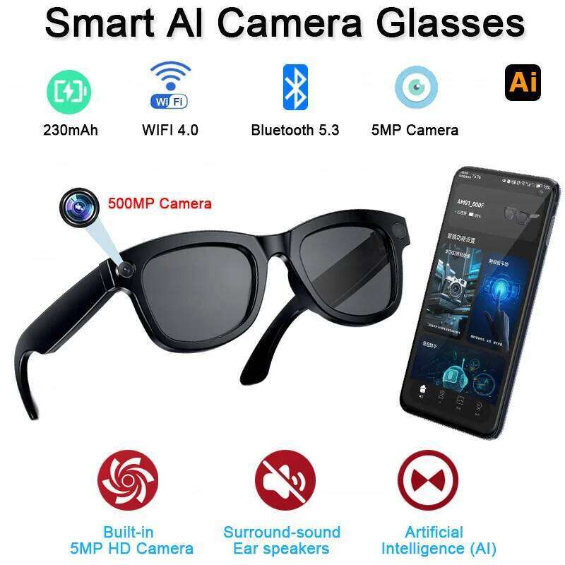 Meta Glasses Camera 2025 Fashion AI 500Mp Camera Waterproof Bluetooth Call 230 Mah Music Smart Glasses Identify Pictures Use Chatgpt
