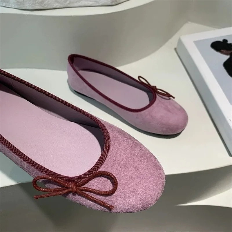 Suede Bow Soft-soled Ballet Shoes for Women Fairy Style One-foot Slip-on Round-toe Delicate Single Shoes 250731