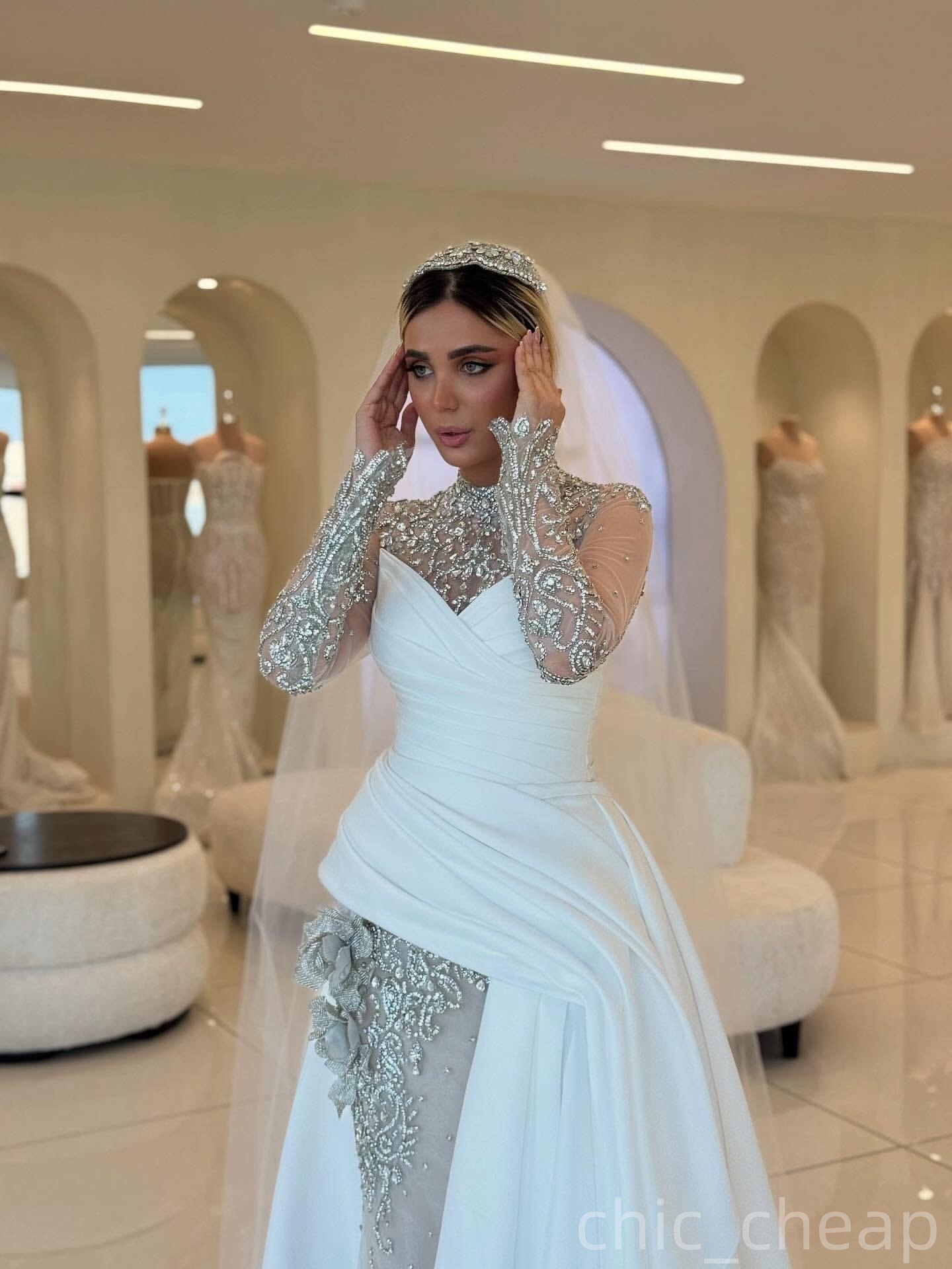2025 Aso Ebi Plus Size Ivory Sheath Wedding Dress Crystals Lace Flower Satin Illusion Full Sleeves Vintage Bridal Gowns Dresses ZJ065