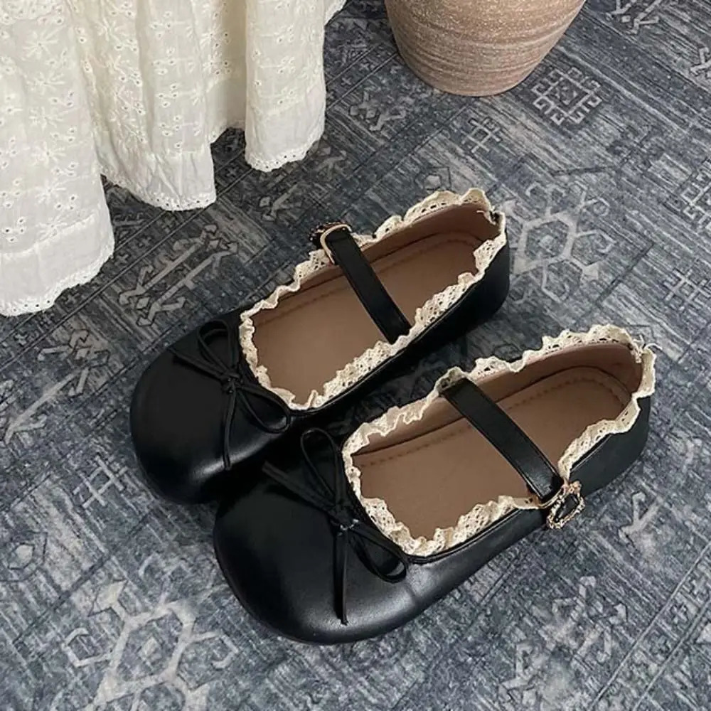 Fashion PU Leather JK Flat Shoes Lace Ruffled Sweet Slip On Loafers Soft Sole Bow Mary Jane Shoes Summer Autumn 250731