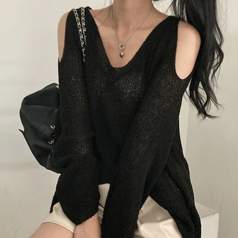 HELIAR Women Hollow Out Off Shoulder Sweater VNeck Long Sleeve Loose Thin Jumpers Knit Streetwear Top Spring 250731