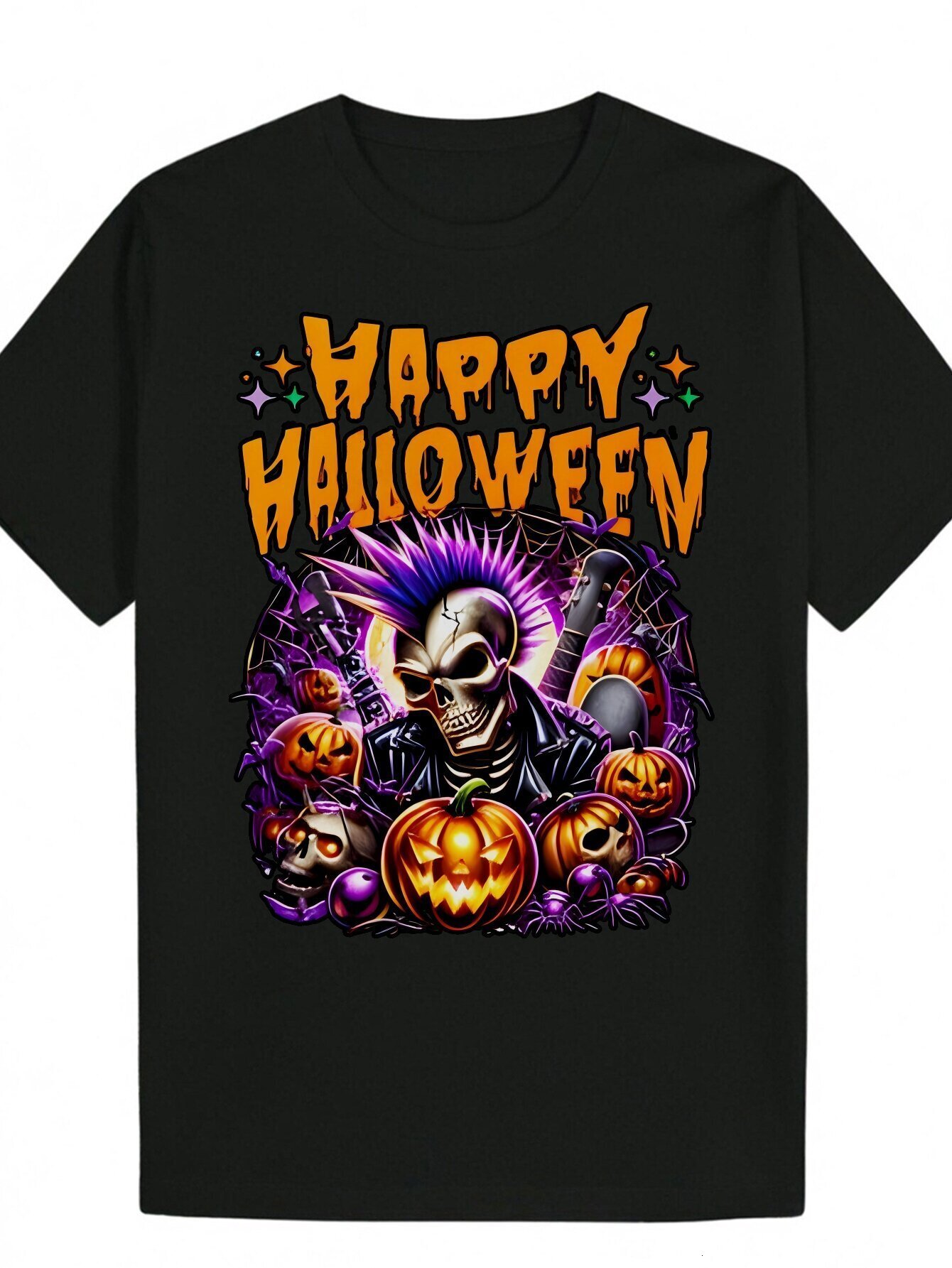 Men's Halloween Pattern 100% Polyester Crew Neck T-Shirt, Summer Casual Knit Fabric Top with Portrait Pattern, Regular Fit - 180Gsm