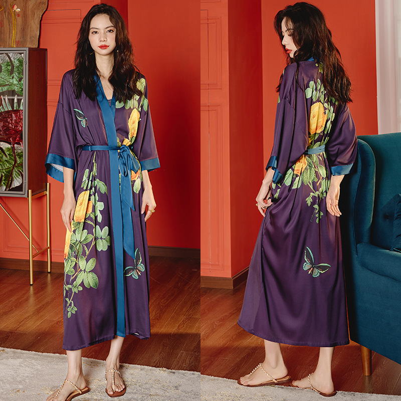 High - quality light - luxury new Chinese - style long - sleeve ice - silk pajamas for women Printed nightgown for spring and autumn with V - neck loo
