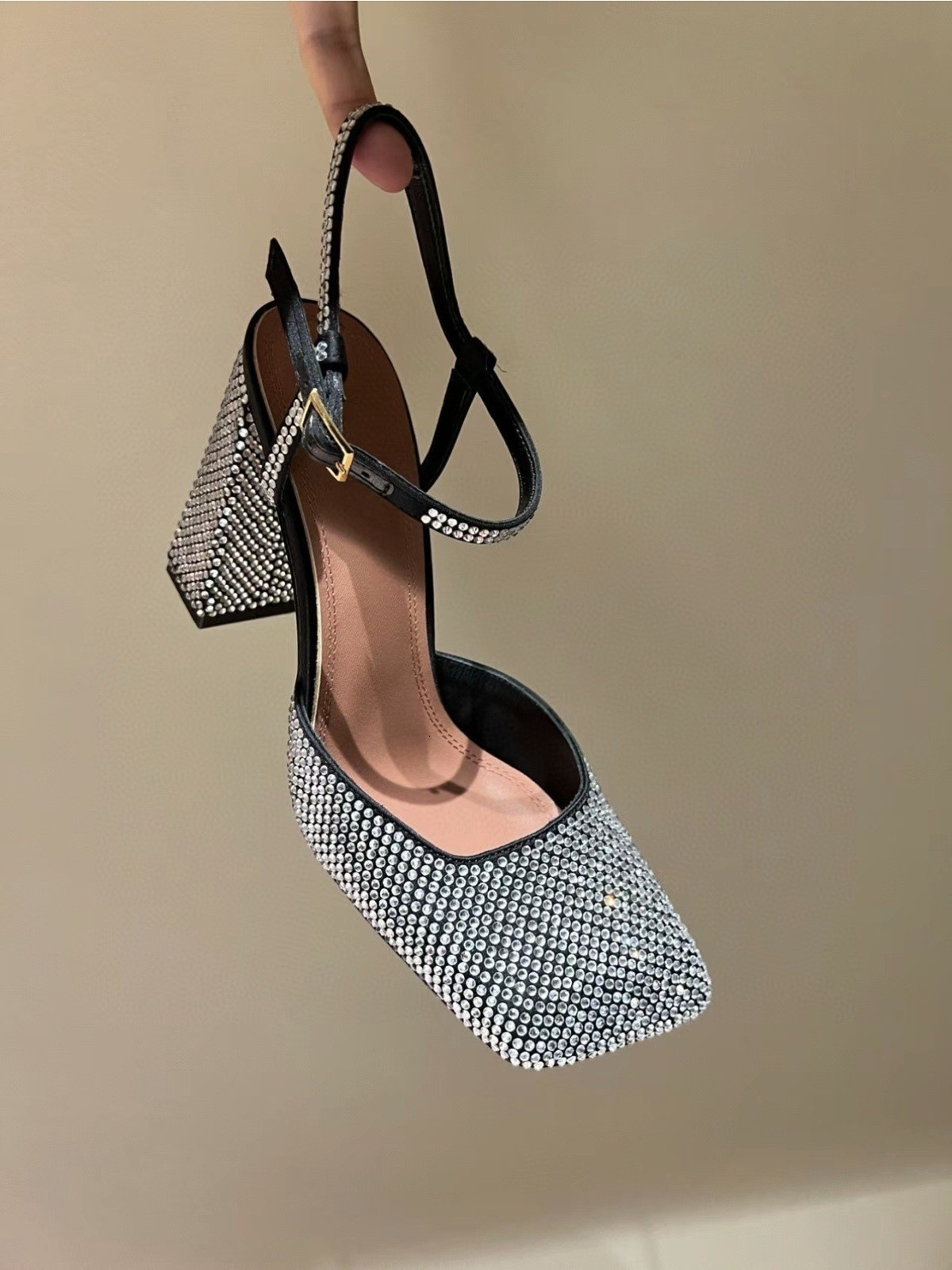 Free Delivery Of Outdoor 2025 New Designer Women's Thick-heeled High Heels Square Toe Crystal Outdoor Rhinestone Sexy And Elegant Cool Women'