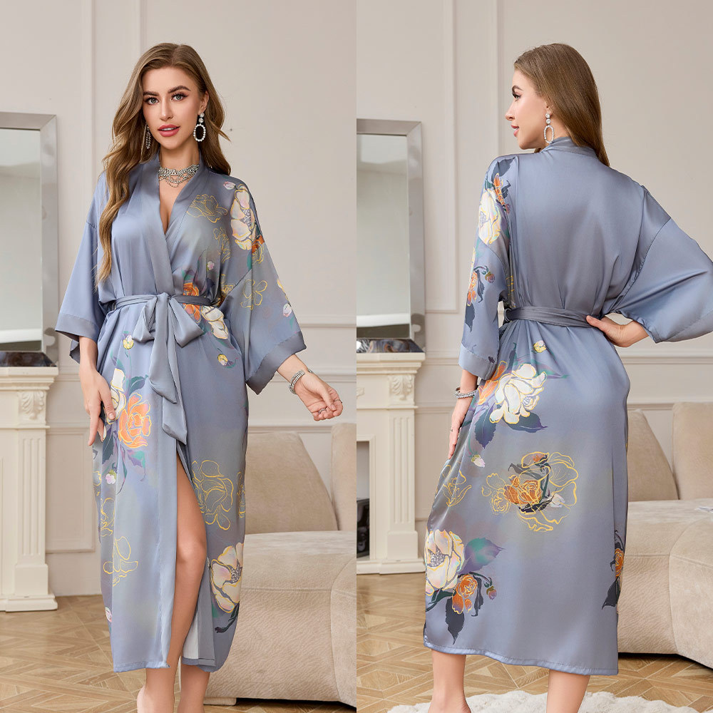 Light luxury women's clothing, long-sleeved ice silk pajamas women's spring and autumn dressing gowns V-neck loose home clothes