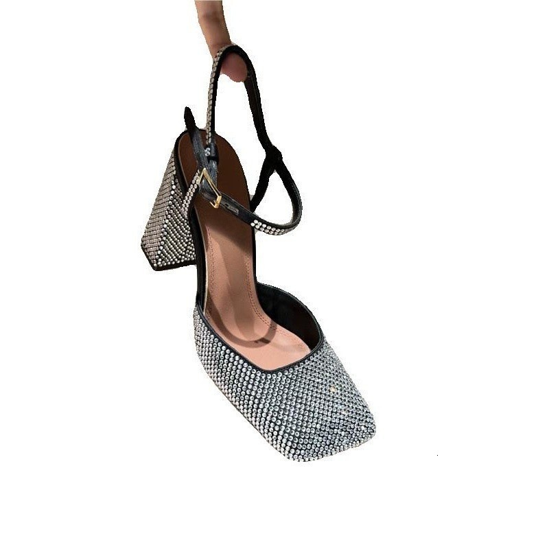 Free Delivery Of Outdoor 2025 New Designer Women's Thick-heeled High Heels Square Toe Crystal Outdoor Rhinestone Sexy And Elegant Cool Women'
