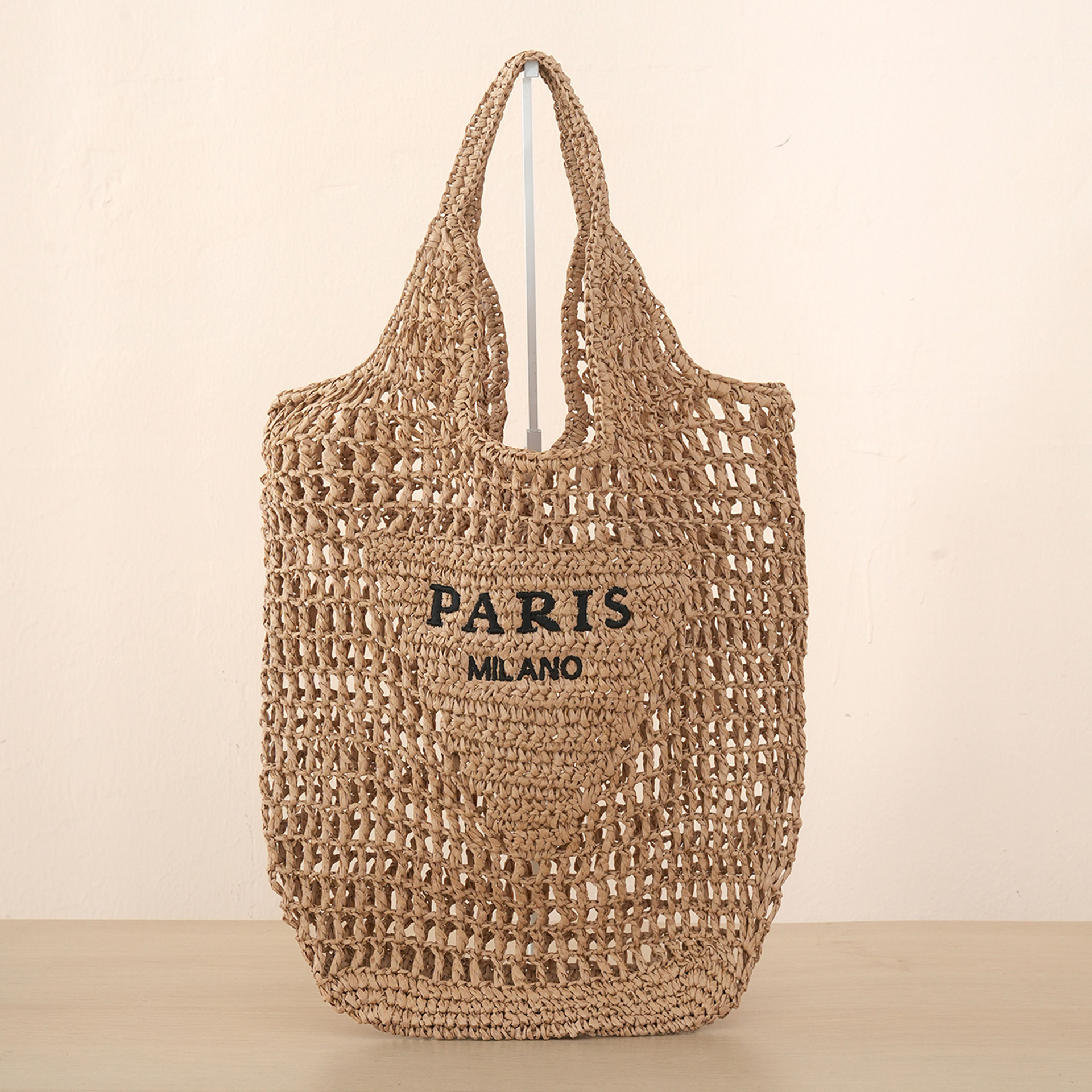 Letter Embroidery Women's Handmade Handbag Designer Hollow Crochet Straw Woven Leisure Vacation Beach Shoulder Bag