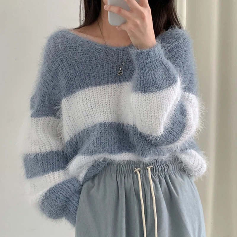 HELIAR Women Striped Patchwork Sweater ONeck Long Sleeve Mohair Elegant Pullovers Warm Loose Jumpers Autumn Winter 250731