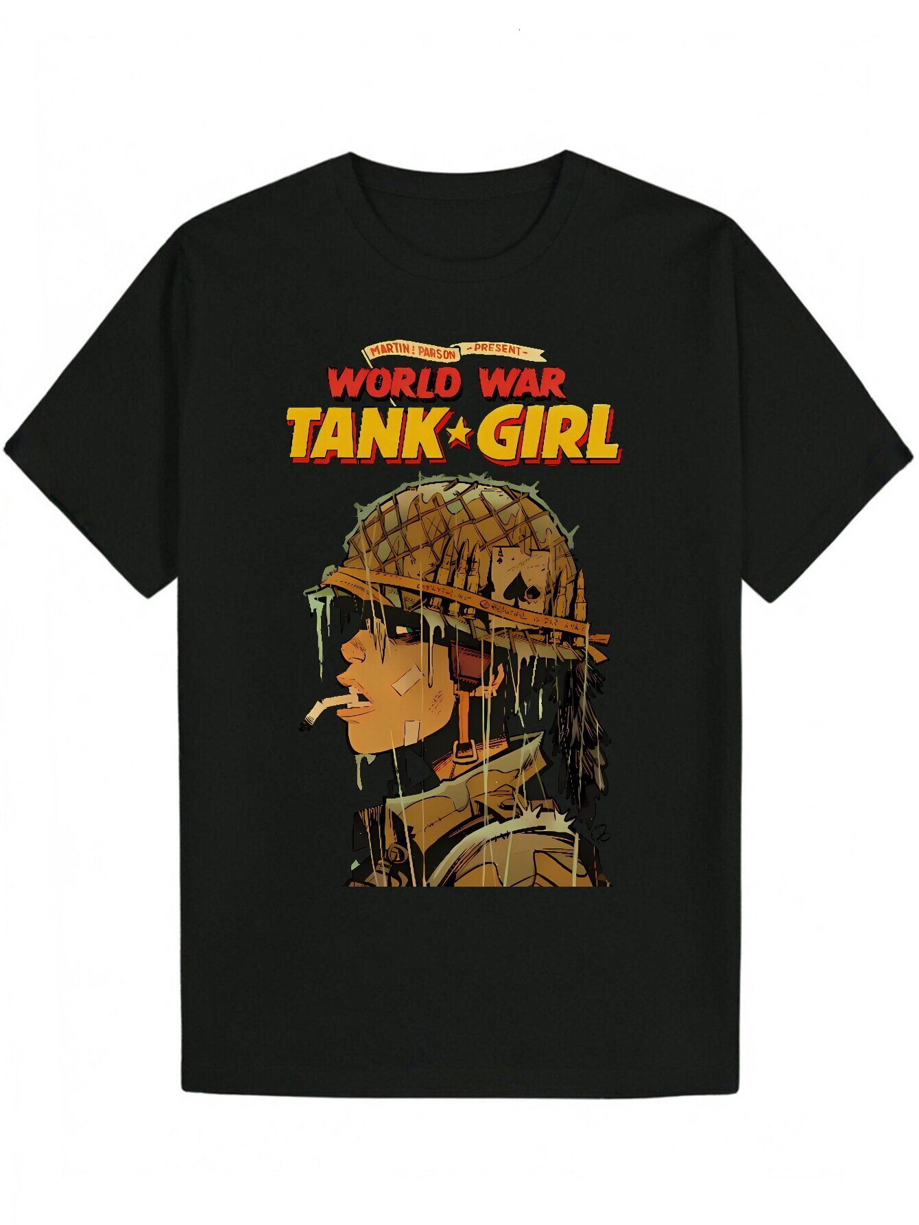 Men's WWII Tank Girl Graphic - Casual Black Polyester Crew Neck, Machine Washable, Summer Uniform Fit T-Shirt