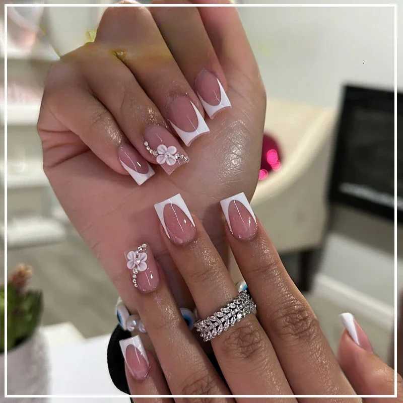 Pink French Square Press On Nails with Rhinestone Flower Bow Design - 24 Piece Short Blush False Nail Tips Art Set R250807