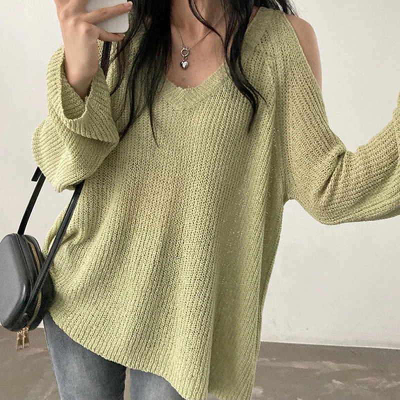 HELIAR Women Hollow Out Off Shoulder Sweater VNeck Long Sleeve Loose Thin Jumpers Knit Streetwear Top Spring 250731