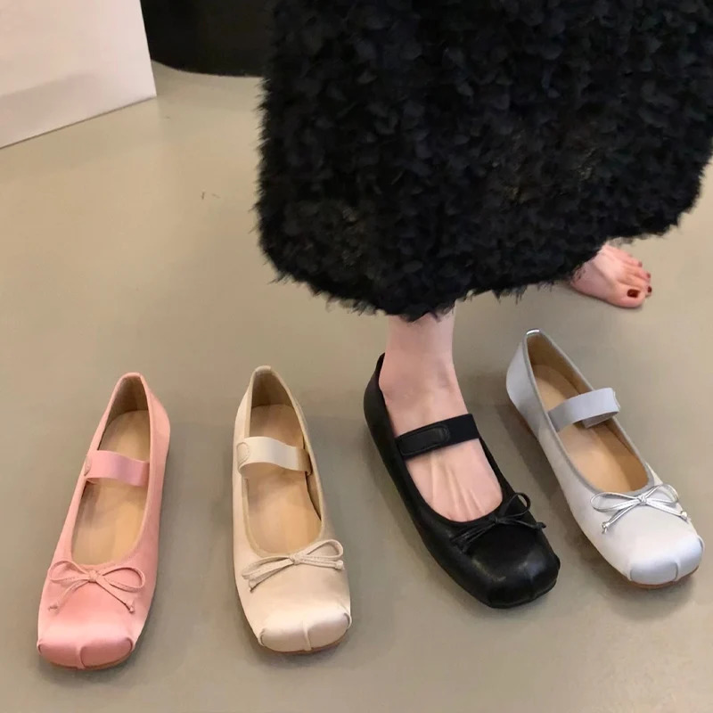 Satin Silk Ballet Shoes Woman Classic Square Toe Bowtie Elastic Band Ballerina Flats Ladies Soft Loafers 250731