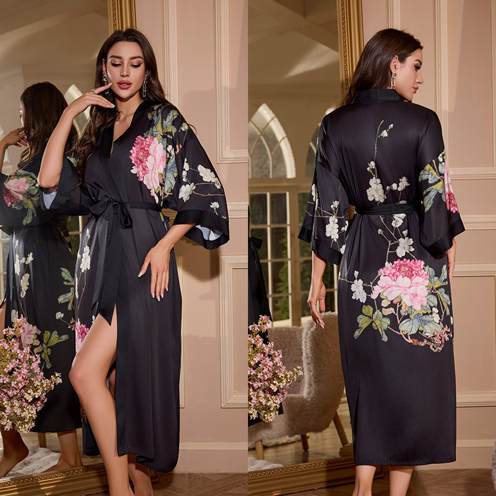 Light luxury women's clothing, long-sleeved ice silk pajamas women's spring and autumn dressing gowns V-neck loose home clothes