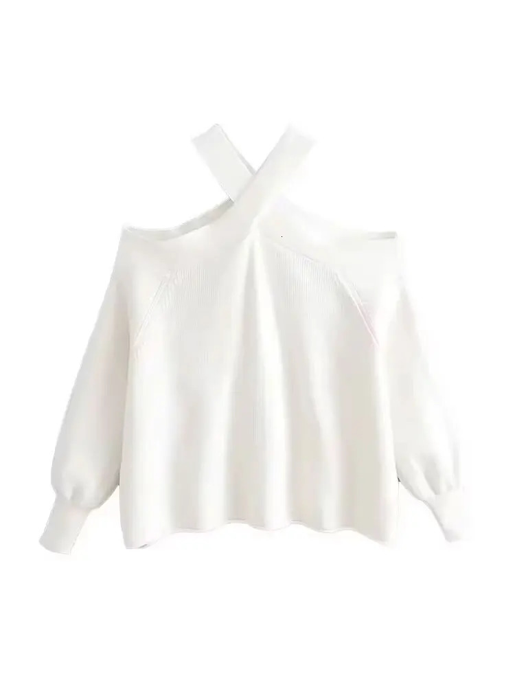 TRZA Women Fashion Loose Knit Halterneck Sweater Sexy Off Shoulder Long Sleeve Female Pullovers Chic Tops 250731