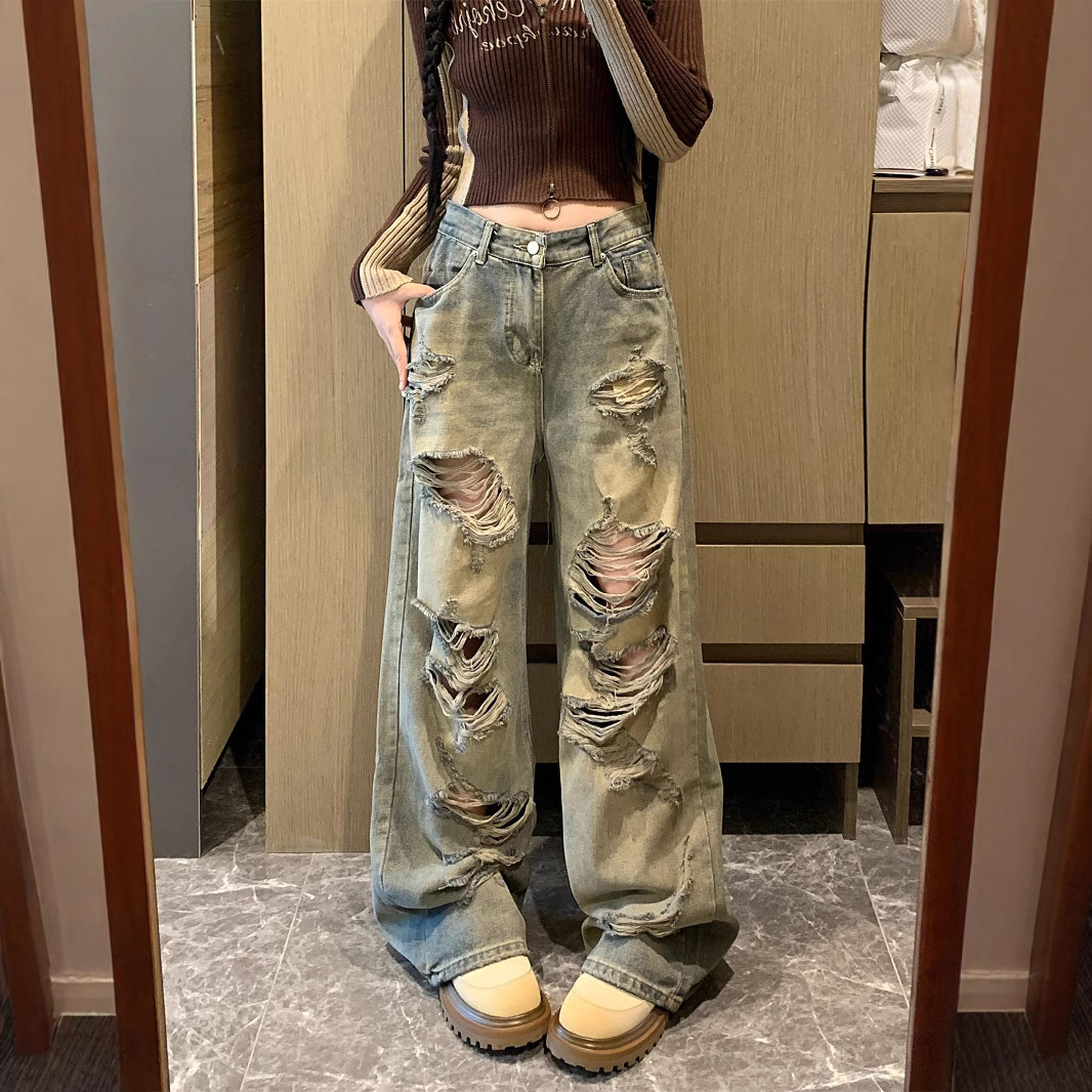 2025 Summer New Wilderness Style Ragged, niche fashion, retro beggar floor pants, designer jeans, designer pants, women's jeans