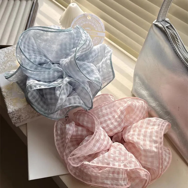 Niche Sweet Elegant Flower Bud fabric Check Pattern For Female High Elatic Hair Rope High Ponytail Accessories 250730
