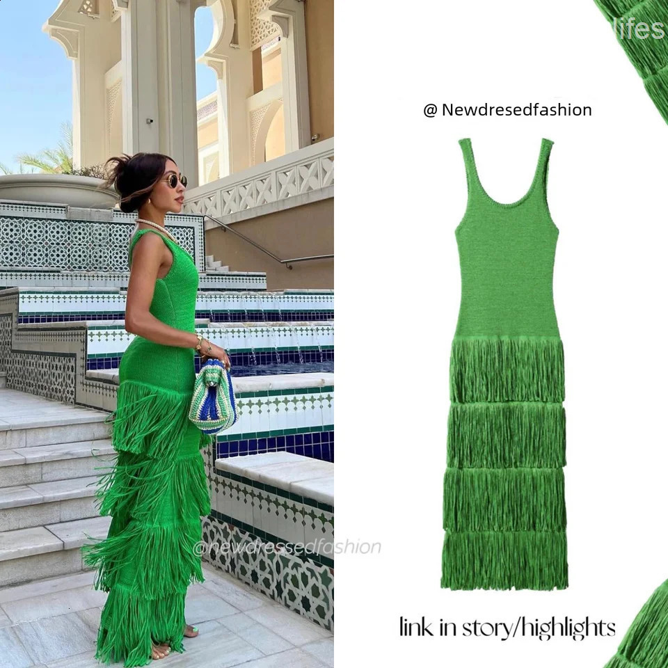 Summer Solid Color Knitted Fringed Tank Dress Sleeveless Womens Dresses Fashionable Elegant Ladies Party Dress
