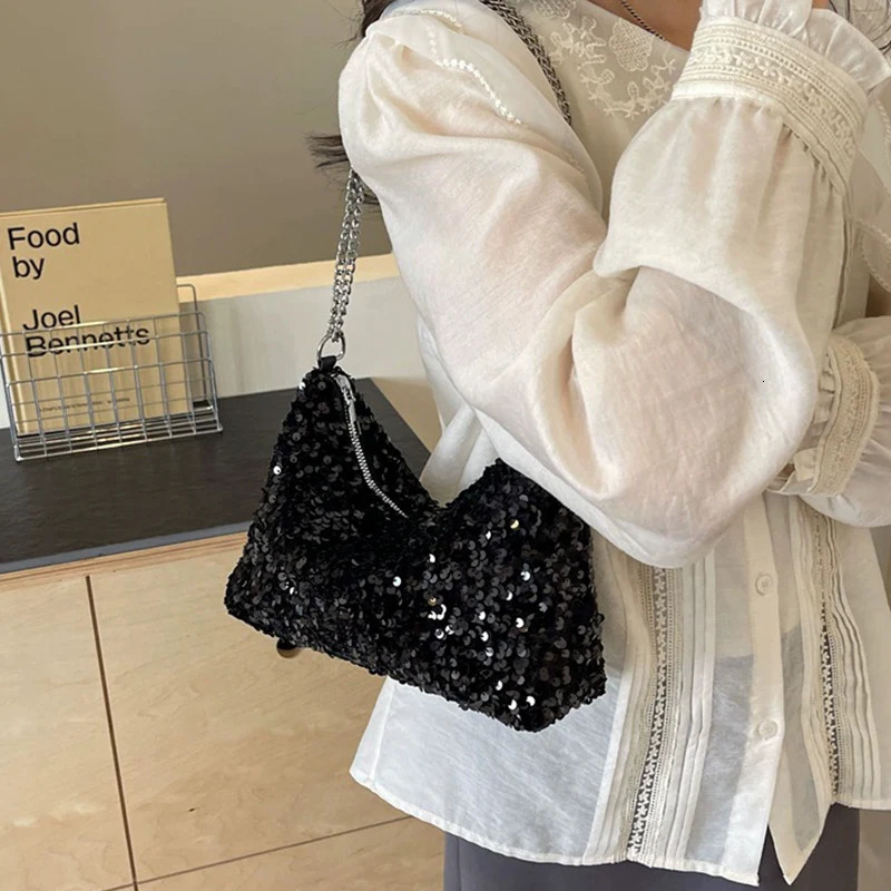 Women Bling Shoulder Bag Chic Sequins Glitter Underarm Sling Bag Adjustable Chain Strap Crossbody Bag Commute Shopping Handbags 250731