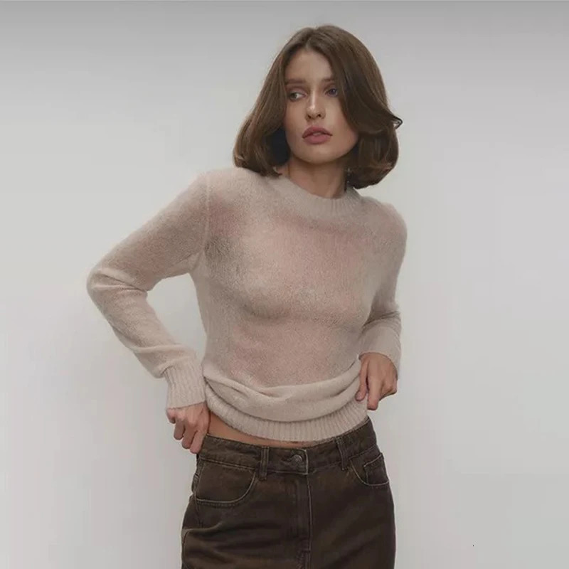 TARUXY Mohair Round Neck Pullover Sweater For Women Spring Summer Knitted Bottom Semisheer Knit Female Top 250731