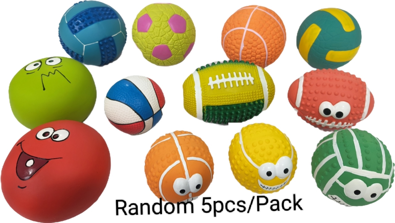 Rubber Chew Ball Dog Toy Squeaky Interactive Bouncy Ball Puppy Pet Toy with Distinct Designs 5pcs/Pack