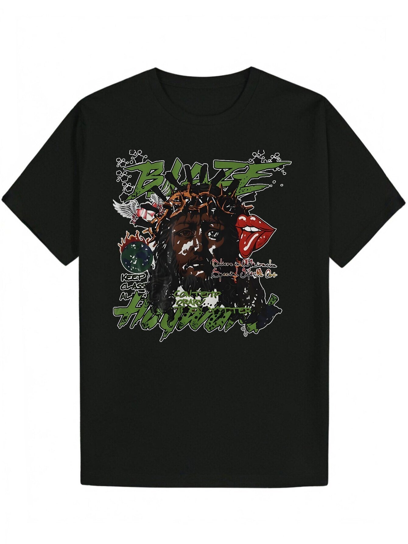Men's Black Pattern Printed - Round Neck with Eye-catching 'BLUTE' and Unique Portrait Design, Machine Washable, Summer Casual Wear Bol