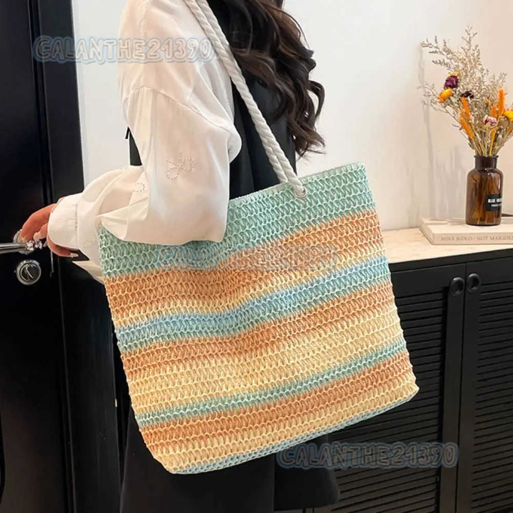 Simple Beach Handbag Strip Weave Bag Bohemian Style Lazy Style Rainbow Beach Bag Large Capacity Hollow Tote Bag Vacation H250801