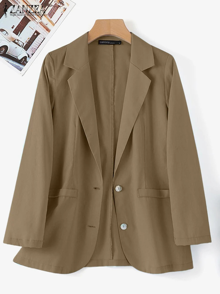 ZANZEA Women Blazer Fashion Autumn Long Sleeve Lapel Neck Shirt Thin Tops Solid Cotton Jackets Elegant OL Work Outwears 250731