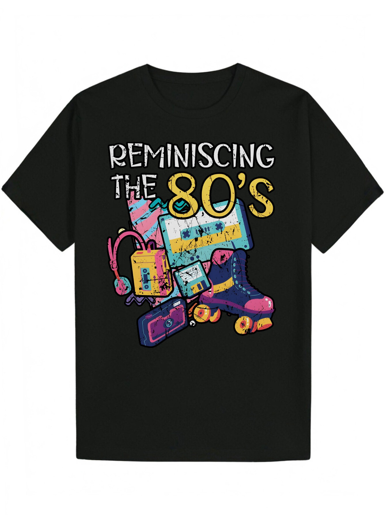 Men's 80s Skate - Black with Colorful Roller Skates and Accessories Design, Style, Crew Neck, Regular Fit, Summer Casual Wear Playful Pattern T-S
