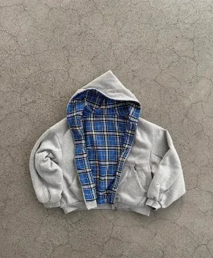 Korean street retro doublesided plaid loose zipper hoodie mens Y2K Harajuku hiphop gothic couple casual simple sweatshirt 250731
