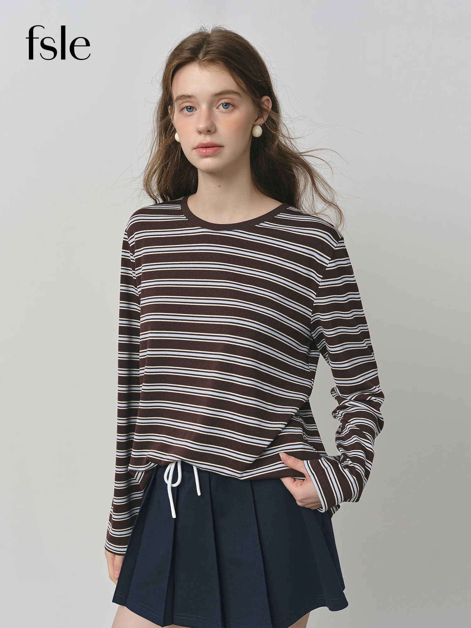FSLE Women Retro Color Block Striped TShirt Classic Round Neck Long Sleeve Basic Vintage Oversized Chic Streetwear Top 250731
