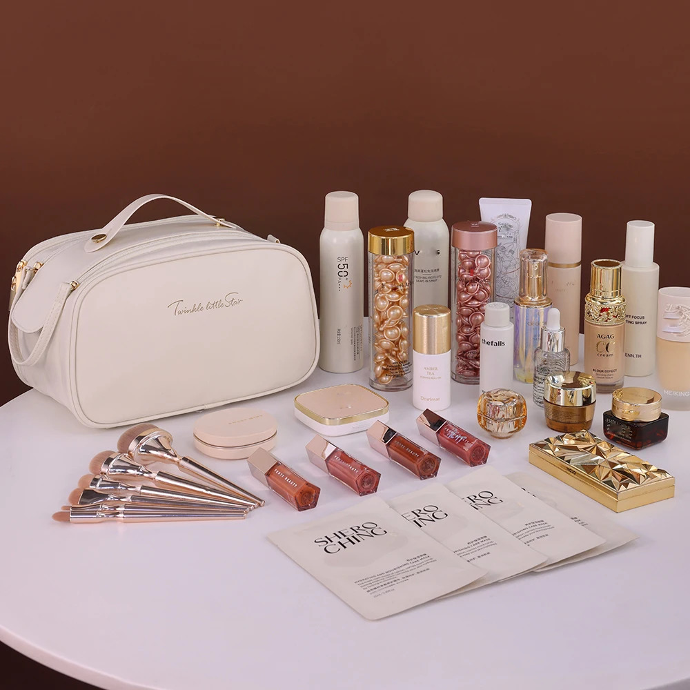 Pink Waterproof PU Leather Multifunctional Makeup Bag Double-Layer Large Capacity Portable Travel Cosmetic Bag Toiletries Storag 250731