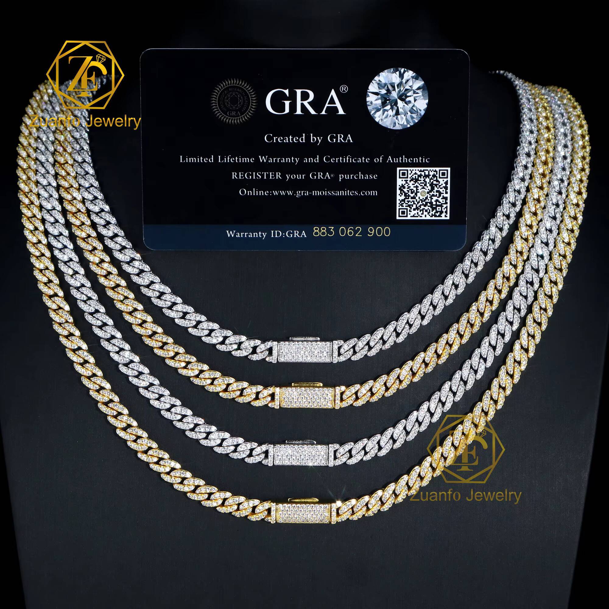 Classical Cuban Style 925S Moissanite Necklace Make in China Right Angled Trapezoid Ladder Shape with Small Diamond Chain