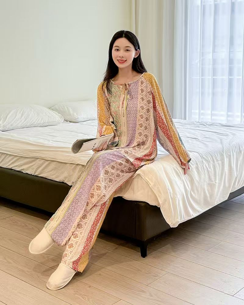 2025 Women's Long-Sleeved Long Pants Spring/Summer Lightweight 2-Piece Set Bohemian Style Stretch Waistband Women's Pajamas Can Be Worn Outs