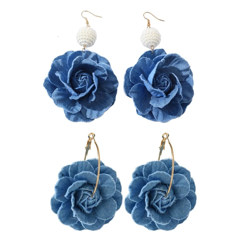 Fashionable Denims Earrings Handmade Blue Floral Ear Drops Camellia Ear Rings 250730