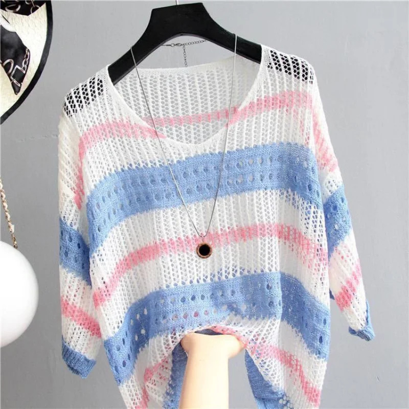 Women Half Sleeve Colorful Hollow Out Blouses Striped Ice Silk Knit Shirt Loose Retro Style Pullover Lightweight Tank Tops 250731