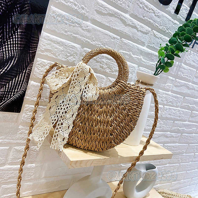 Handmade Half-round Rattan Woven Straw Bag Summer Women Messenger Crossbody Bags Girls Small Beach Handbag H250801