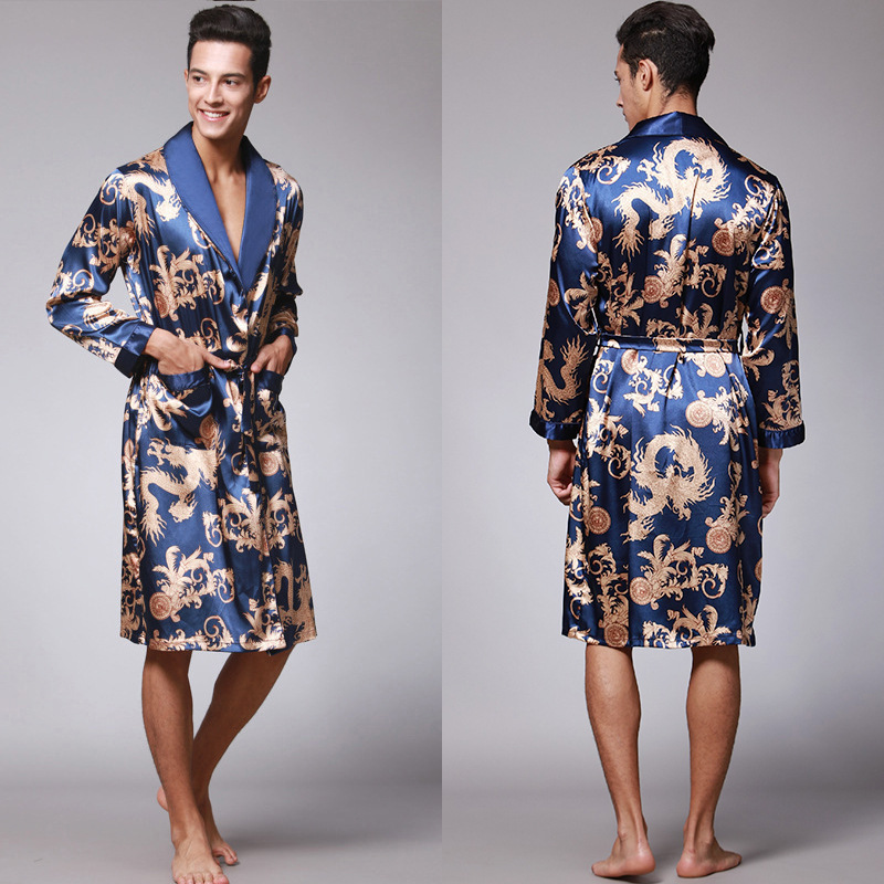 Designer luxury brand bathrobes silk and ice silk men's pajamas long - sleeved bathrobes home clothes