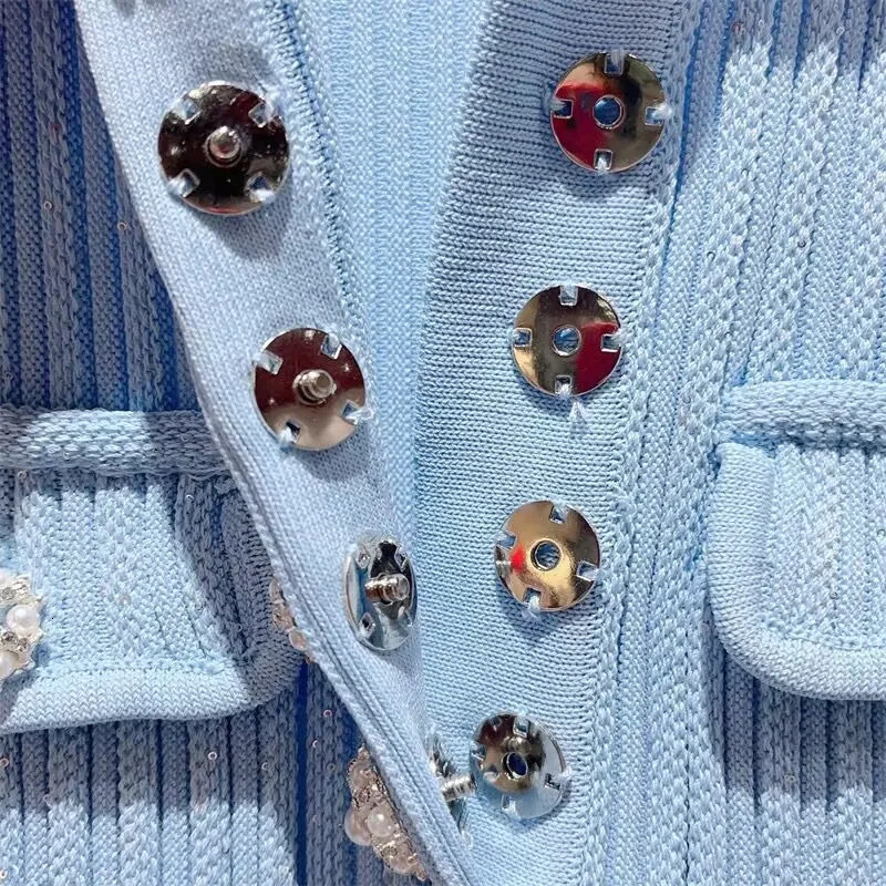 Spring Arrive Knitted Women Sequins Mini Dress Short Sleeve Turn Down Collor Ruffles Hem Lady 250731