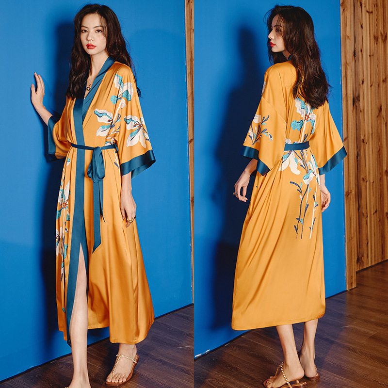 High - quality light - luxury new Chinese - style long - sleeve ice - silk pajamas for women Printed nightgown for spring and autumn with V - neck loo