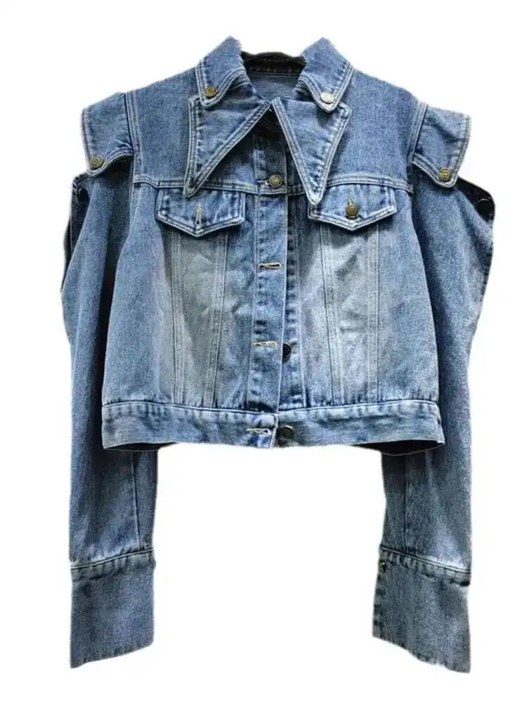 DEAT Trendy Womens Ruffled Edge Offshoulder n Denim Coat Autumn Fashion Lapel Long Sleeve Jacket Female 33A1708 250731