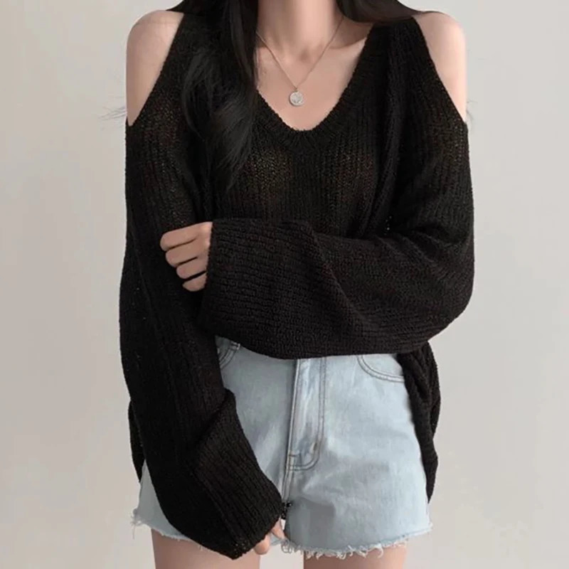 Women Sexy Hollow Out Sweater Off Shoulder VNeck Loose Knit Thin Jumpers Fashion Solid Streetwear Pullovers Long Sleeve Top Y2K 250731