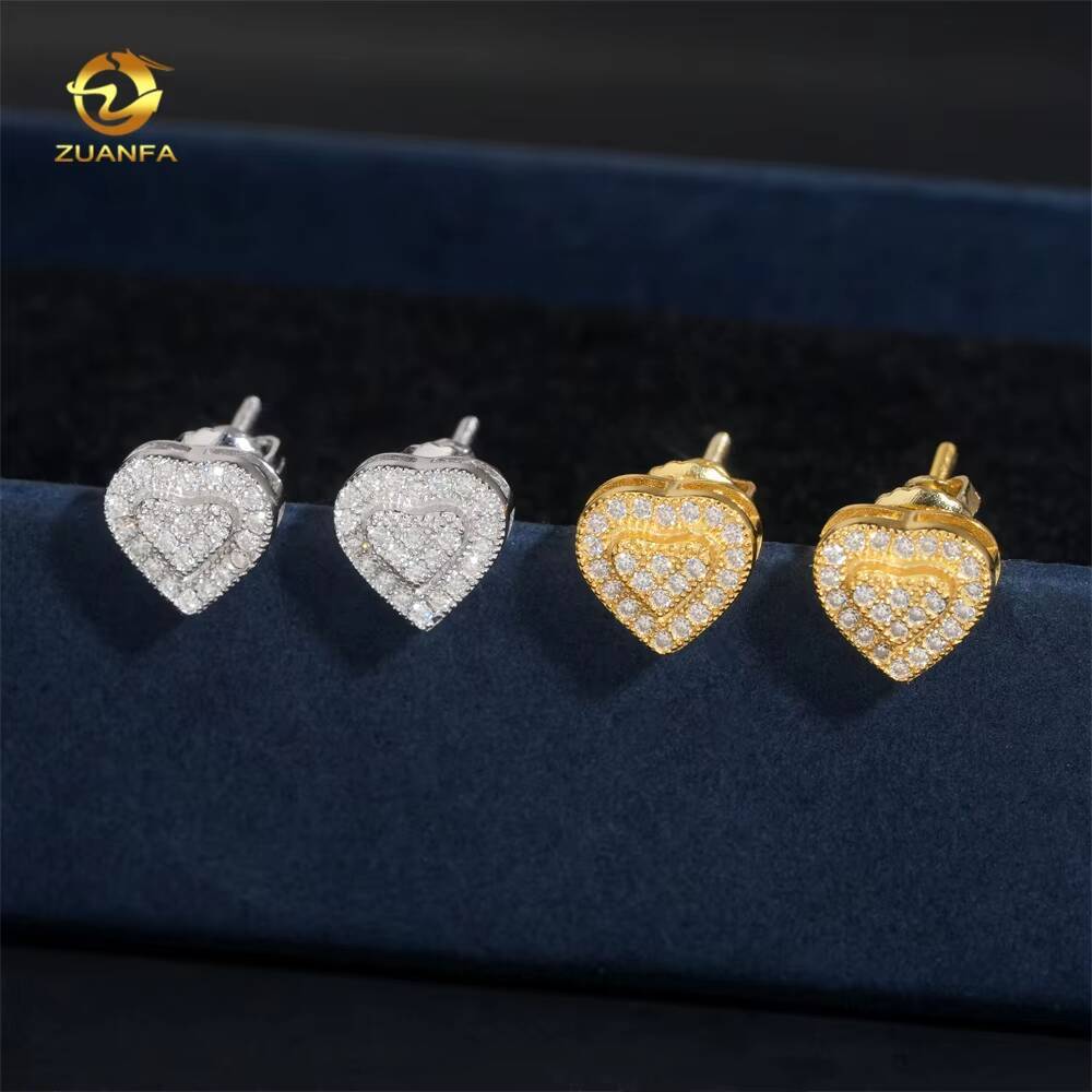 Hip Hop Style Heart Stud Iced Out GRA Certified Moissanite Diamond 925 Sterling Silver Earrings