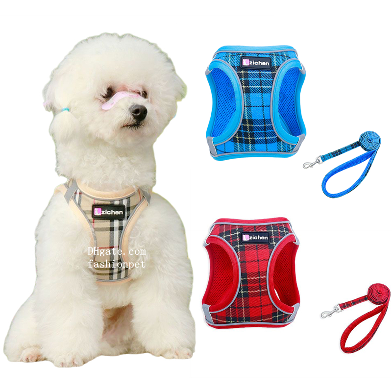 Classic Plaid Dog Harness Leash set Pet Puppy Cat Comfort Padded Vest Soft Padded Reflective Adjustable Walking Harness with Handle for Small Dogs FB0