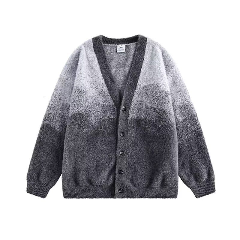 Trendy gradient plush V-neck cardigan sweater for men and women loose and lazy versatile knitted jacket y240827