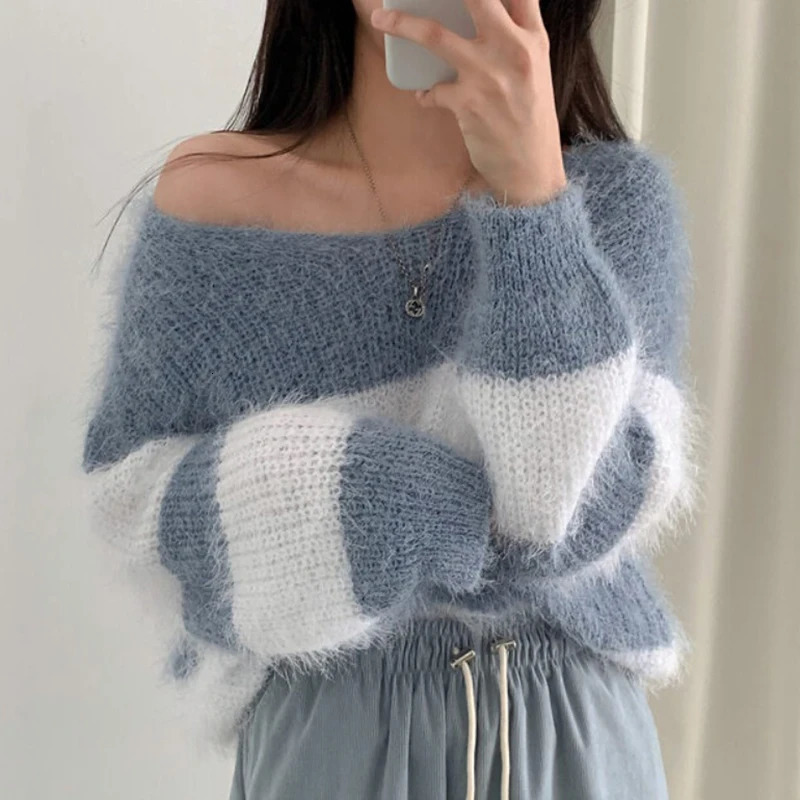 HELIAR Women Striped Patchwork Sweater ONeck Long Sleeve Mohair Elegant Pullovers Warm Loose Jumpers Autumn Winter 250731
